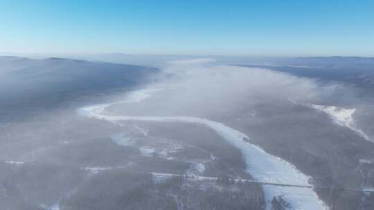 延时航拍林海雪原黎明冰河冻雾