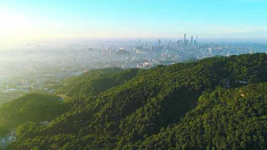 航拍广州白云山日出 眺望广州城区