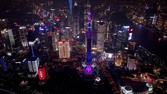上海陆家嘴CBD夜景航拍视频素材模板下载