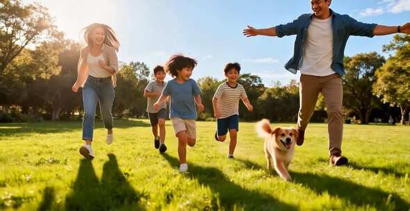 一家人在公园草地奔跑