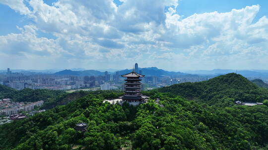 台州椒江白云阁由远及近带出城市全景