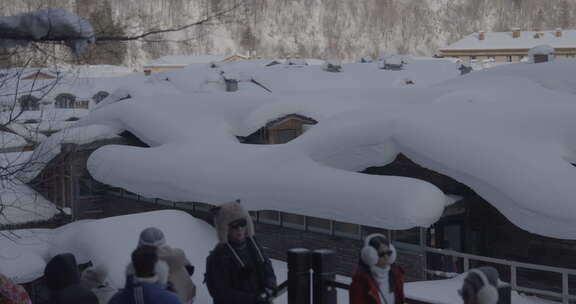 积雪深厚的雪乡特色小屋屋顶景象