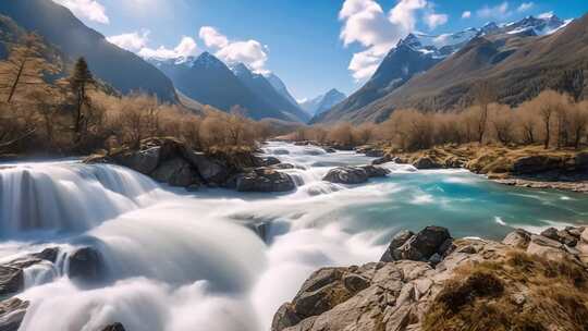 山间溪流与雪山自然风光