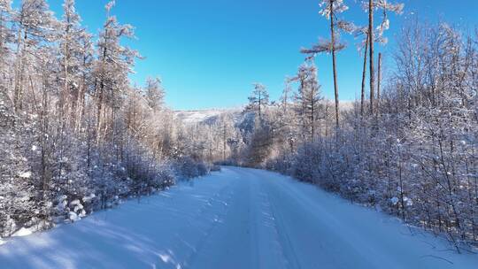 航拍林海雪原雪林山路