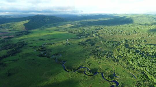 航拍内蒙古北部冻土地带森林湿地风光