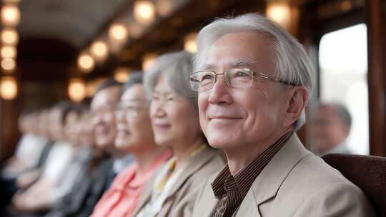 老年人在复古火车车厢中享受旅途