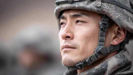 亚洲士兵目光坚毅保家卫国