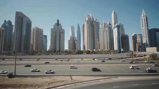 迪拜旅行车上拍城市道路交通建筑视频素材模板下载