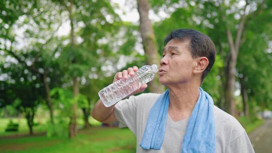 跑完步在公园饮水的老年男人