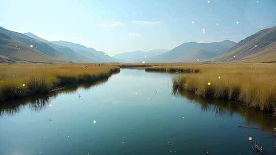 4k草原上天然湖泊与湿地洲湖泊倒影大屏背景