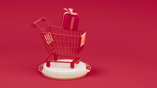 循环旋转的购物车与礼物3D渲染