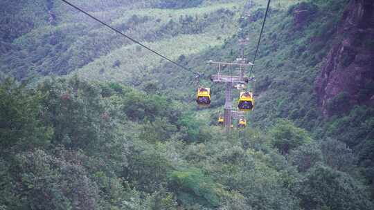 乘坐缆车景区索道观光缆车特写森林山上风景