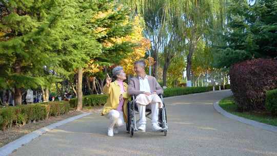 推轮椅在公园的老人 陪伴