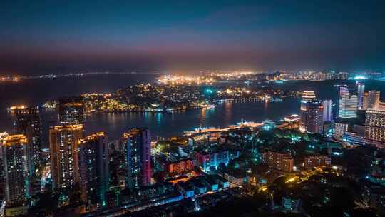 福建厦门鼓浪屿城市夜景航拍延时摄影