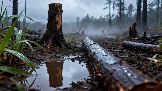 雨后森林砍伐后的树桩景象