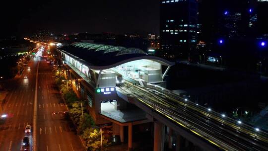 青岛城市夜景地铁道路航拍2