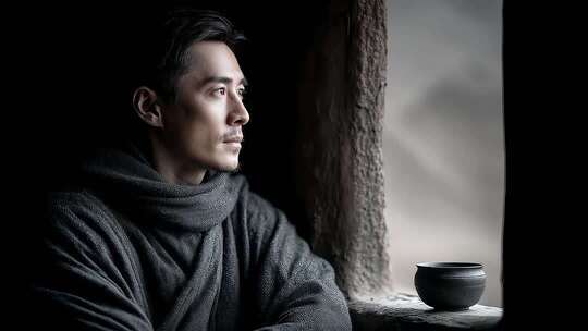 唐朝男子窗边沉思眺望远方