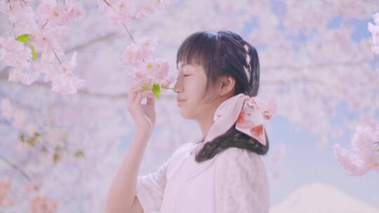春天唯美浪漫写意富士山下小女孩捧樱花花瓣
