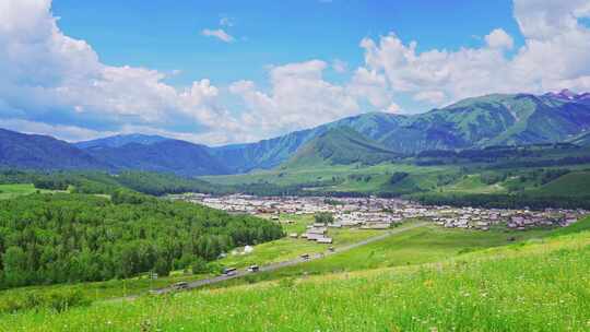 中国新疆北疆阿勒泰禾木村原始村庄夏天风景