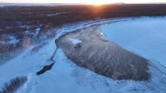 呼伦贝尔冬天自然风光湿地不冻河雪景