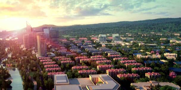黄昏夕阳展望未来城市未来三维动画