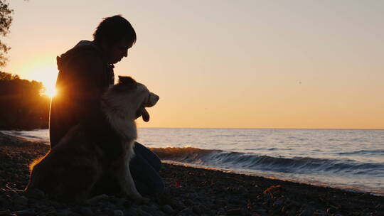 日落时分男人在沙滩和小狗玩耍的剪影