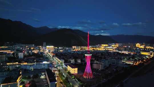 无人机航拍航拍西藏林芝城市夜景风光