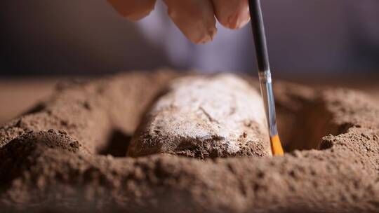 考古发掘人员用刷子轻轻扫去文物周边沙泥视频素材模板下载