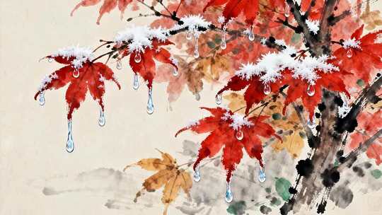 水墨风枫叶覆雪素材