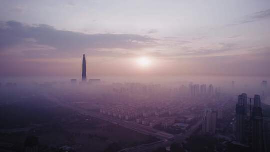 天津滨海于家堡金融中心日出城市建筑风光