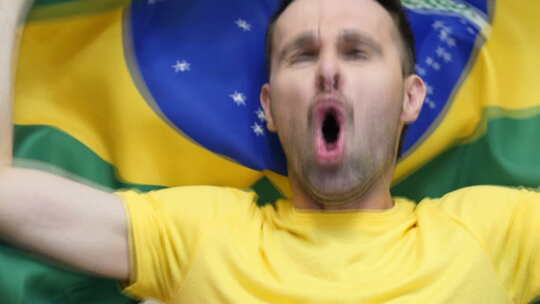 巴西球迷手持巴西国旗庆祝