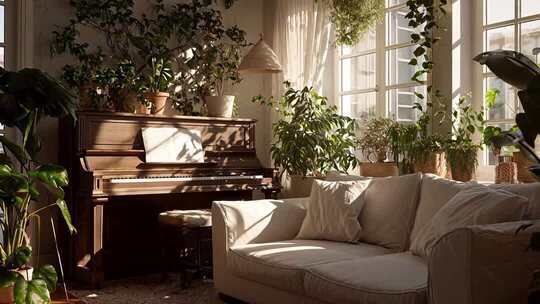 室内阳光照射的沙发钢琴绿植场景
