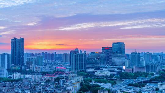 广州珠江岸城市夜景与唯美夕阳火烧云延时