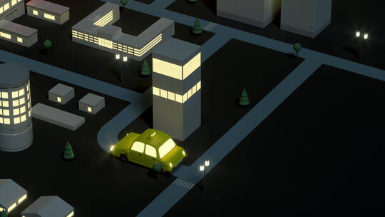 夜晚迷你都市里的出租车 3D渲染