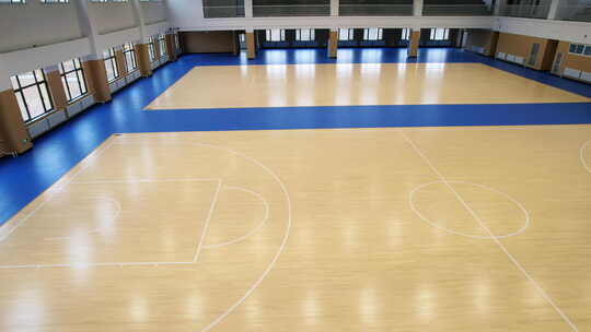 体院馆室内篮球场木地板航拍
