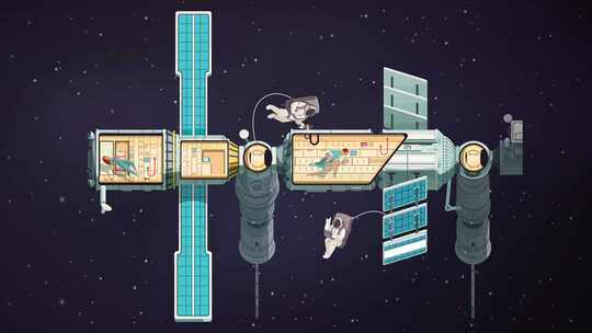外层空间国际空间站-宇航员工作-卡通动画