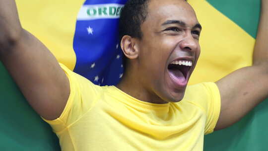 巴西球迷手持巴西国旗庆祝