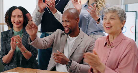 快乐的商人，庆祝和掌声在销售目标，会议或