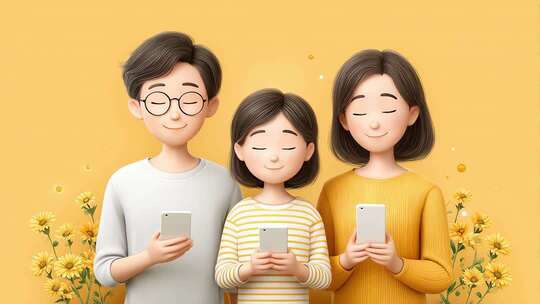 卡通家庭温馨使用手机数字化生活