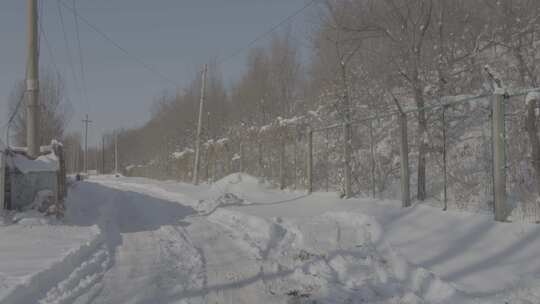 积雪覆盖的乡村小巷冬日景象