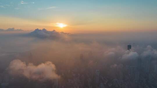 航拍南京主城区日出云海延时