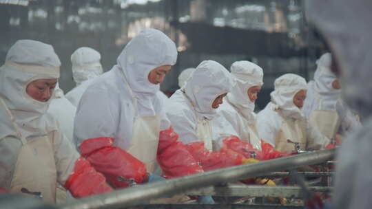 工人穿着防护服在流水线上加工海参