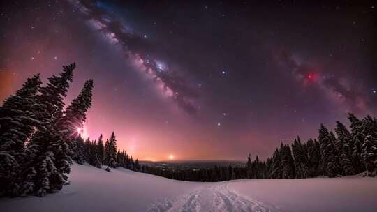 雪地松林夜空银河景观