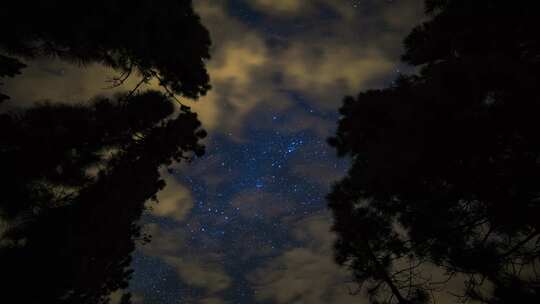 云在天空中移动，夜晚的星星延时