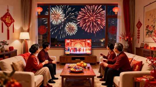 老人春节在家观看电视节目