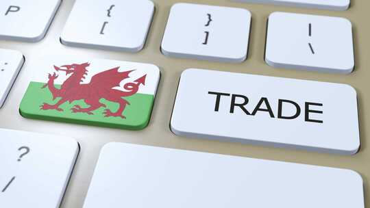 按钮3D动画上的威尔士国旗和贸易文本