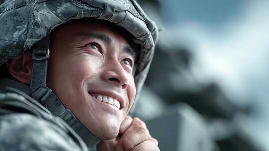 士兵面带微笑眺望远方充满希望