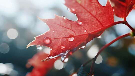 处暑白露枫叶雨滴唯美秋景微距视频