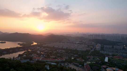 杭州萧山区城市日落风景航拍