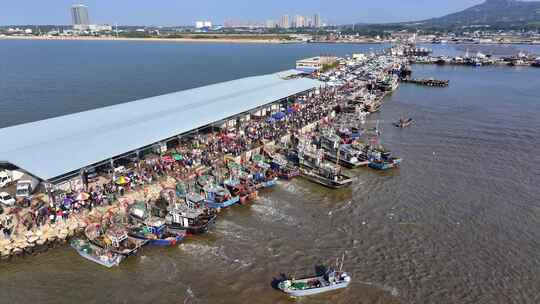 辽宁营口光辉码头渔船出海海鲜市场